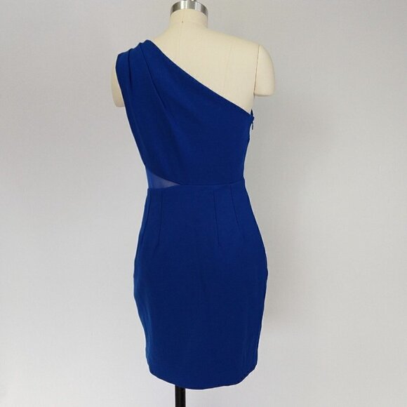 Halston Heritage Blue Mesh Inset One Shoulder Mini Dress Size M Bodycon New Year - Picture 9 of 14